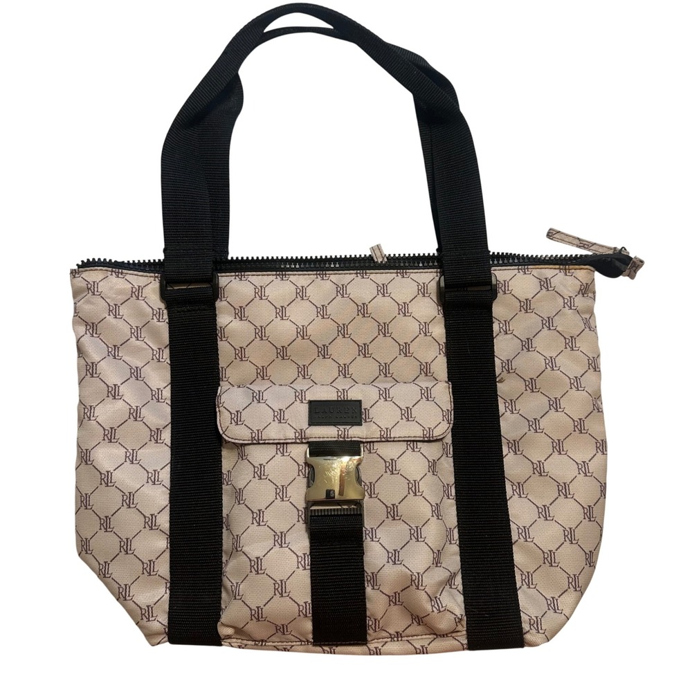 Lauren Ralph Lauren Tote Tan Monogram Zip Nylon Shoulder Bag